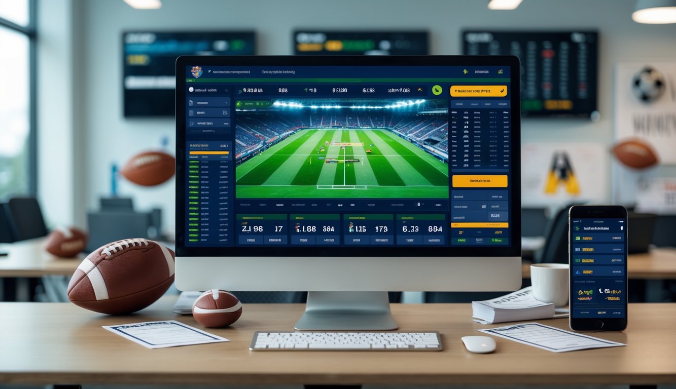 Meja kerja modern dengan komputer menampilkan antarmuka taruhan olahraga dan bola sepak di sekitarnya.