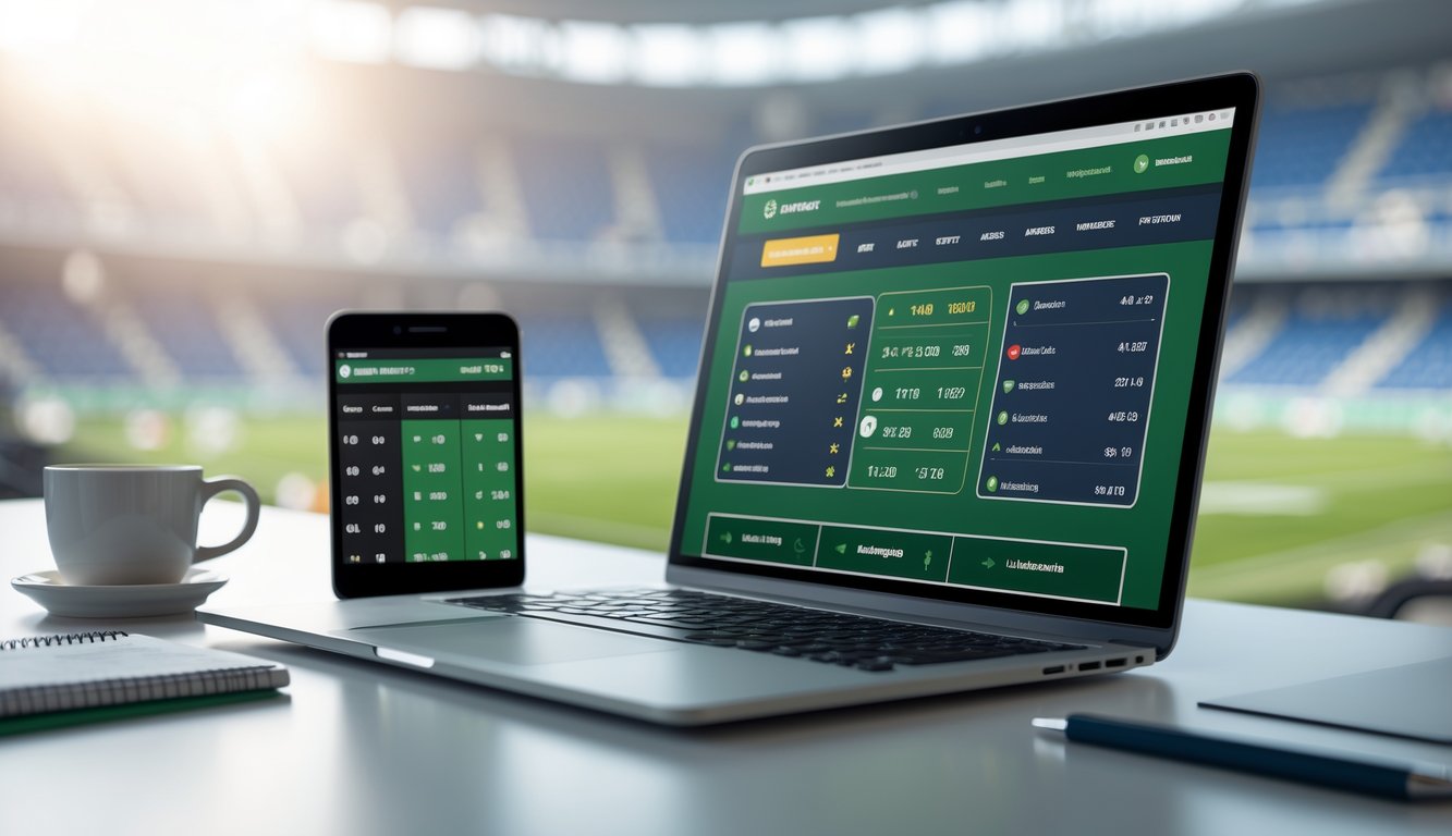 Seorang profesional sedang menggunakan laptop dengan tampilan situs taruhan bola resmi, dengan latar belakang stadion sepak bola yang samar.