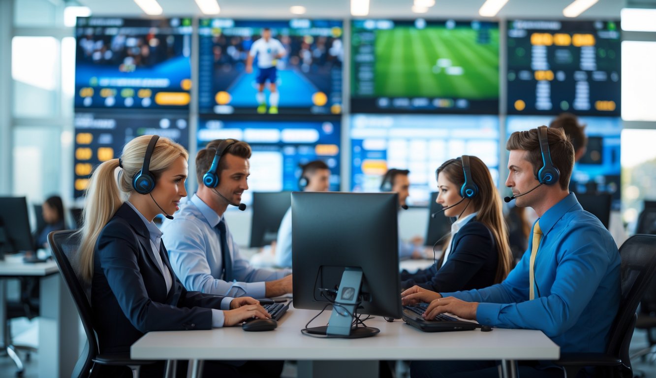 Tim layanan pelanggan yang sibuk di kantor modern dengan layar besar menampilkan grafik olahraga dan data taruhan.