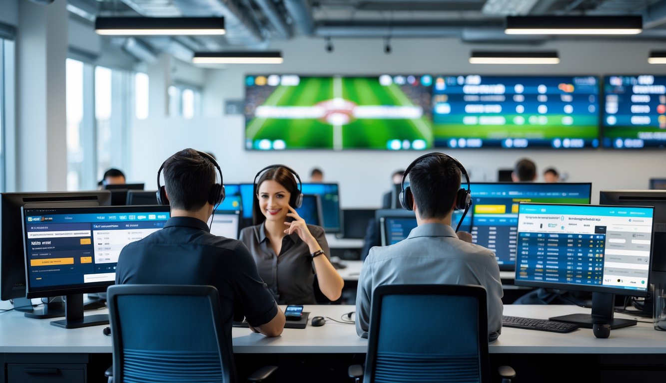 Pusat layanan pelanggan yang sibuk dengan staf yang menggunakan headset membantu pelanggan di depan komputer dengan tampilan pertandingan sepak bola.