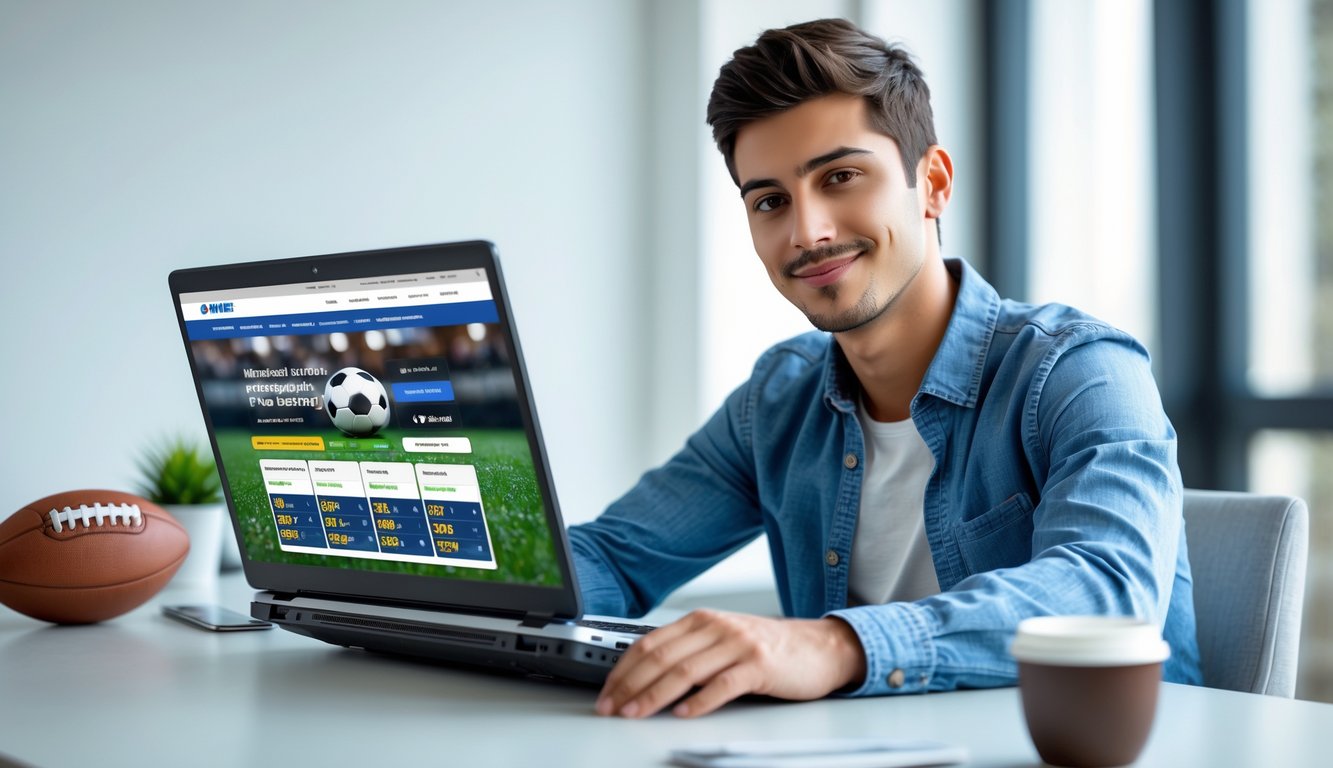 Seorang pria muda duduk di meja dengan laptop, dikelilingi bola sepak dan ponsel, tampak fokus dan santai saat menggunakan situs taruhan bola online.