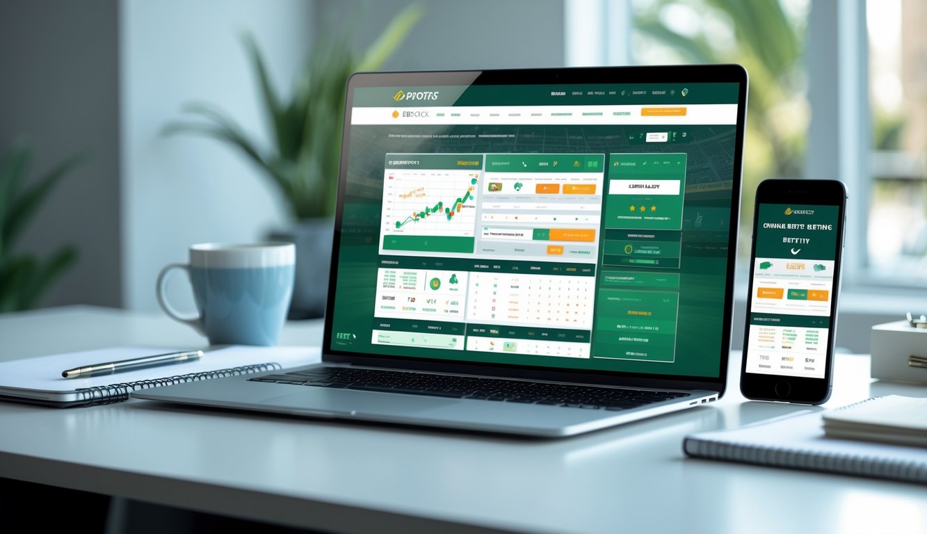 Meja kerja modern dengan laptop dan ponsel yang menampilkan situs taruhan olahraga online, kopi dan alat tulis di sampingnya.
