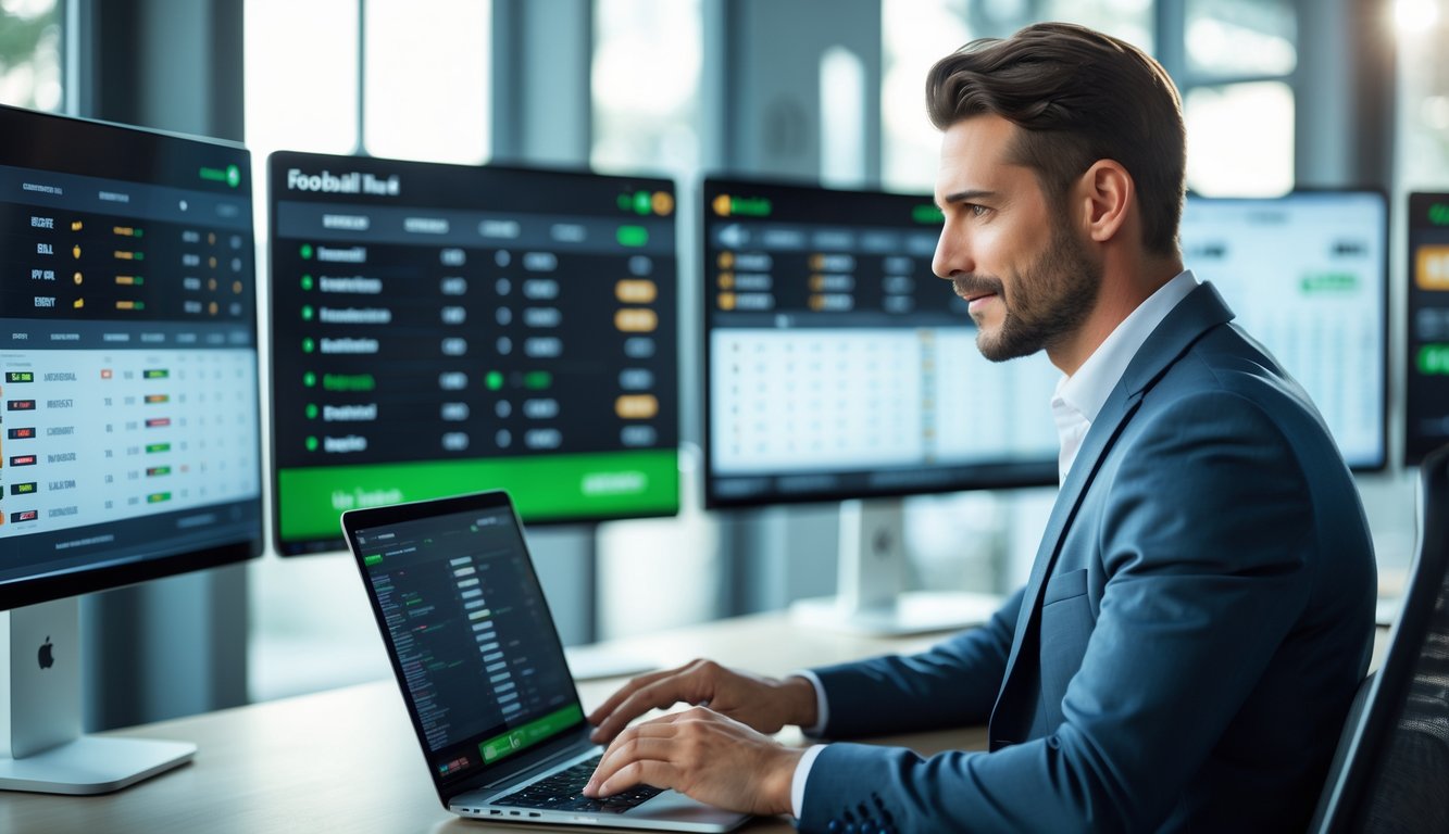 Seorang pria menggunakan laptop di kantor modern dengan layar besar menampilkan pertandingan sepak bola dan simbol keamanan digital.