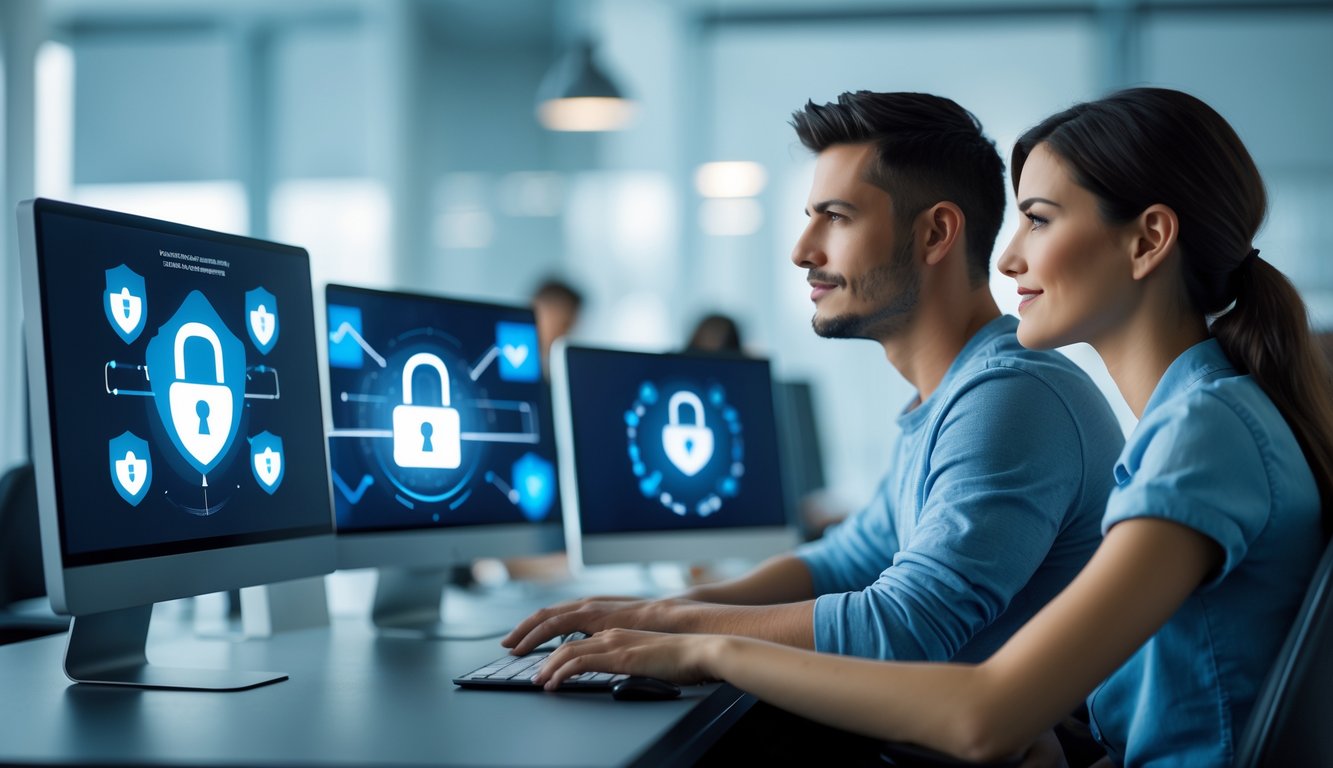 Dua orang dewasa duduk di depan komputer dengan latar kantor modern, menunjukkan suasana kerja yang aman dan terpercaya.