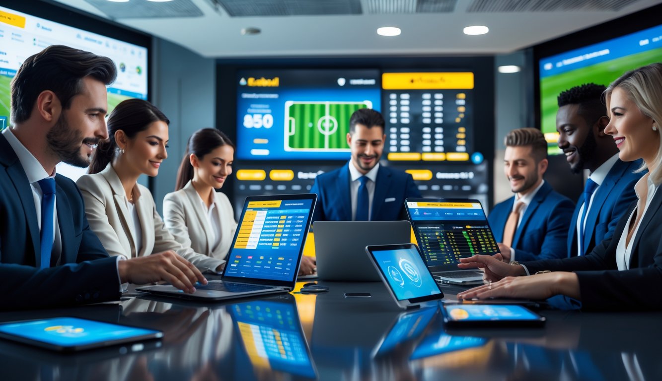 Sekelompok profesional menggunakan perangkat digital dengan latar pertandingan sepak bola dan grafik taruhan olahraga di layar besar.