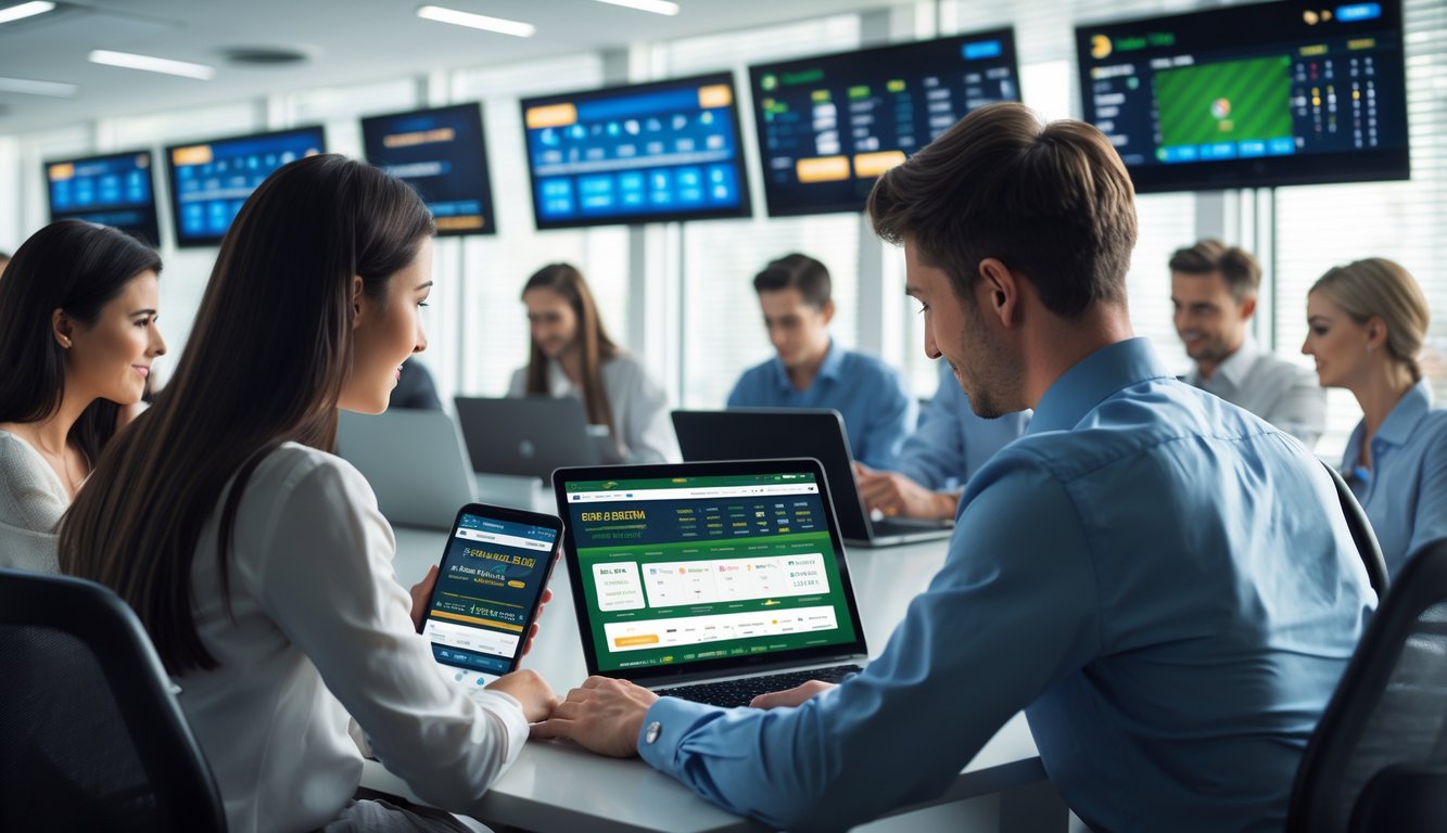 Sekelompok orang muda menggunakan laptop dan ponsel di kantor modern dengan layar besar menampilkan pertandingan olahraga dan statistik taruhan.