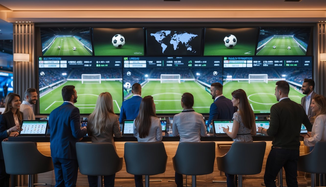 Sekelompok orang sedang menonton pertandingan sepak bola di layar besar dan menggunakan perangkat untuk memasang taruhan di sebuah ruang taruhan olahraga yang modern.