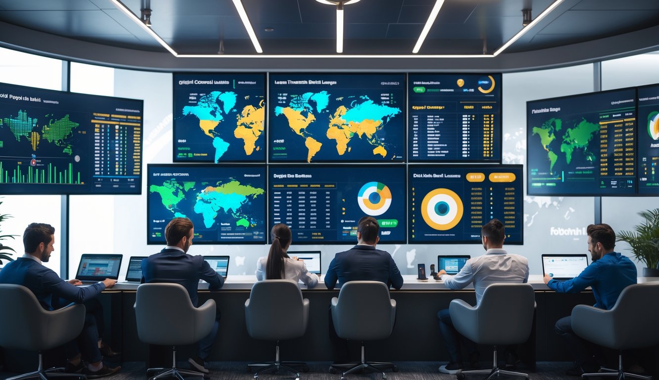 Orang-orang sedang menggunakan perangkat digital di ruang modern dengan layar besar menampilkan data pertandingan sepak bola dan peluang taruhan.