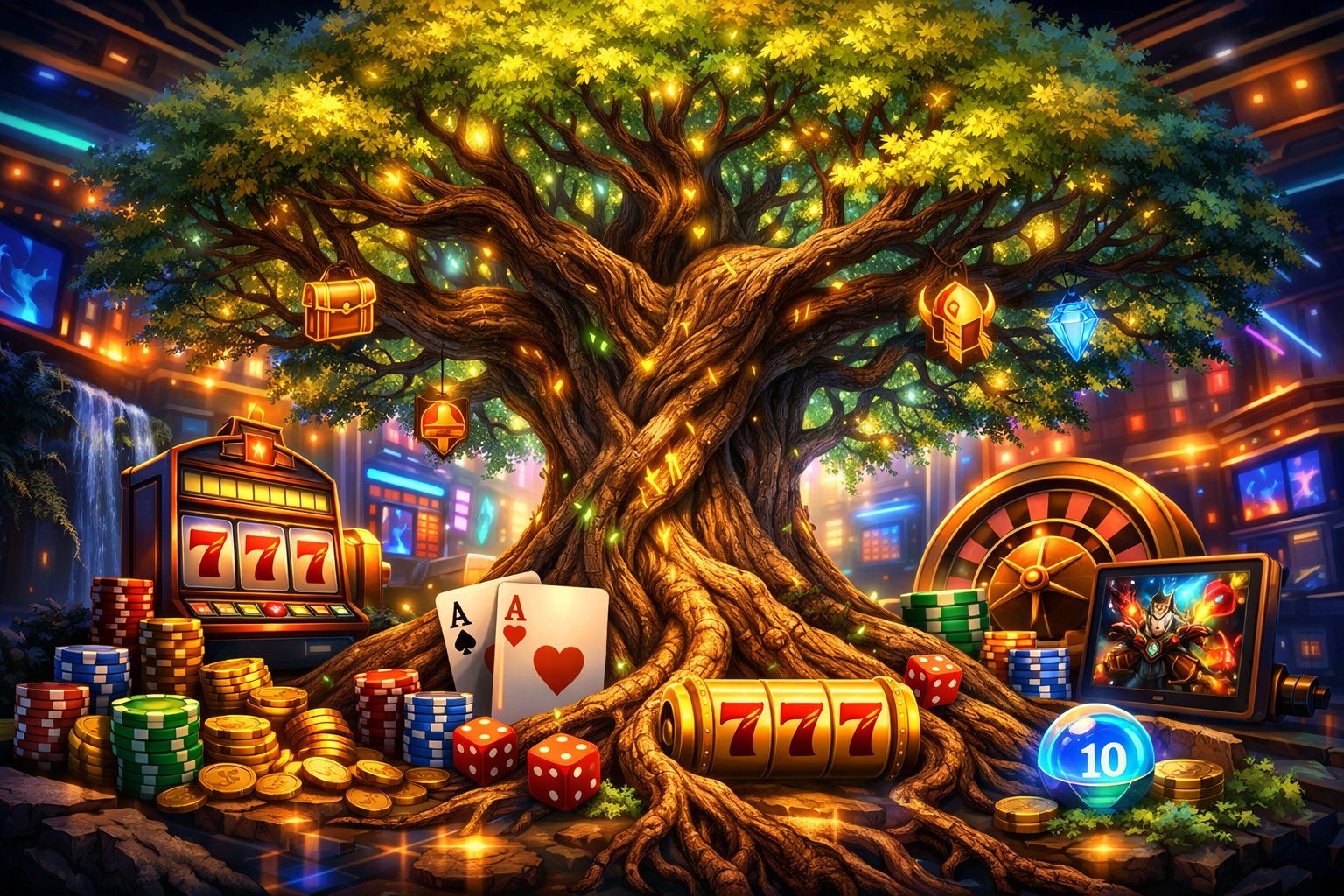 A Large Glowing Tree Surrounded By Casino Game Elements Like Slot Machines, Poker Chips, And Playing Cards In A Vibrant Casino Setting.