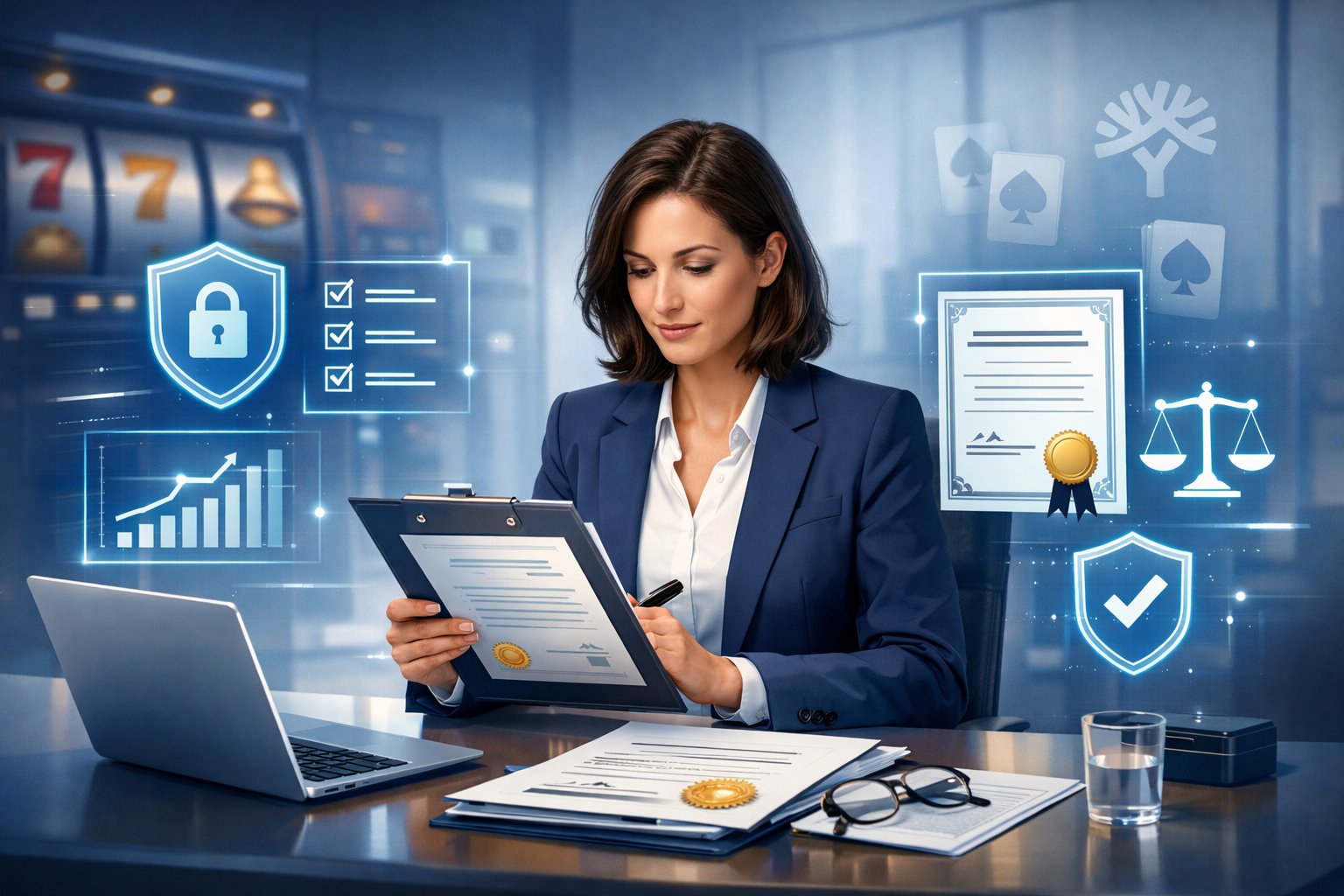 A Business Professional Reviewing Documents And Digital Compliance Symbols With Casino Game Elements In The Background.