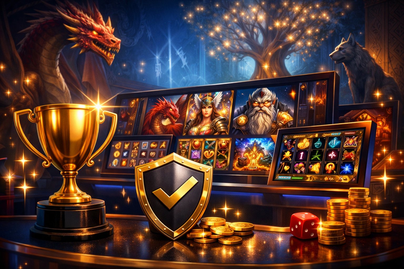 A Vibrant Casino Scene Featuring Digital Slot Machines With Norse Mythology Themes, Symbols Of Trust Like A Trophy And Shield, And An Inviting Atmosphere Representing Quality And Entertainment.