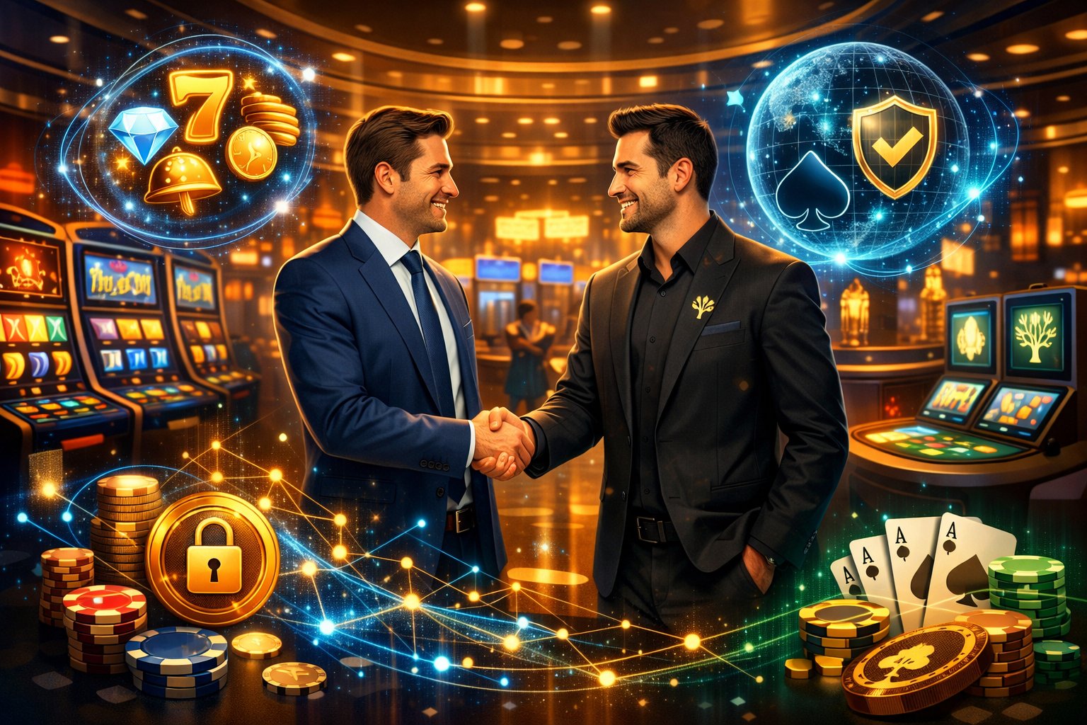 A Casino Floor Scene Showing A Businessperson Shaking Hands With A Representative Amid Slot Machines And Gaming Tables, Symbolizing A Partnership Between Casinos And A Game Provider.