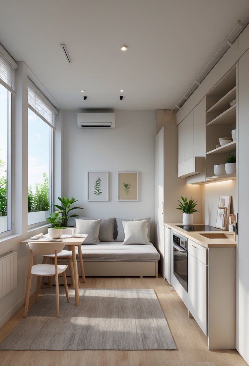 Small studio apartment interior showing a living area with sofa bed, dining table, kitchenette, and large windows letting in natural light.