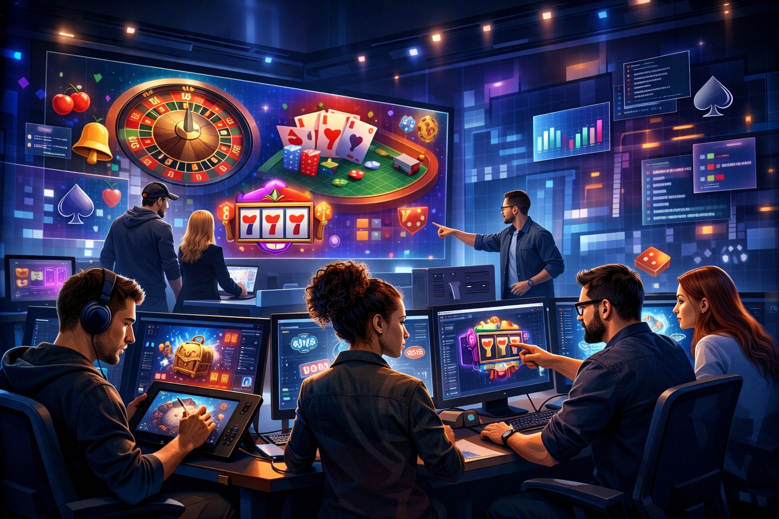 A Team Of Professionals Working Together In A Modern Office With Digital Screens Showing Casino Game Graphics And Game Development Elements.