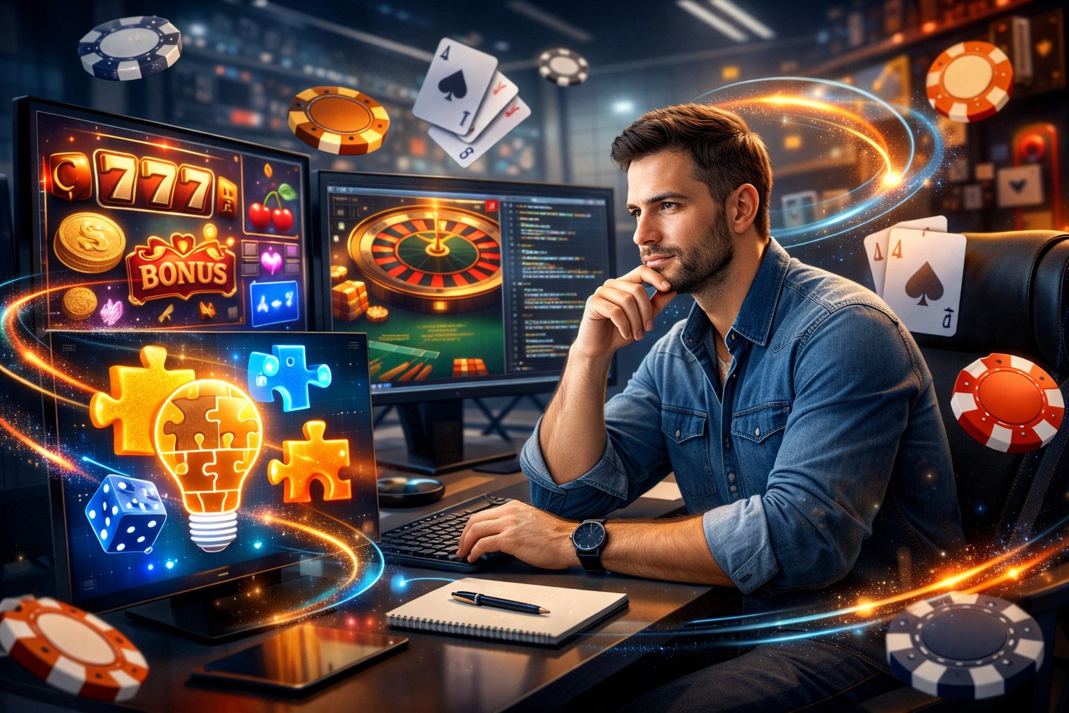 A Game Developer At A Desk With Multiple Screens Showing Casino Game Graphics And Code, Surrounded By Gaming Icons And Symbols Representing Creativity And Innovation.