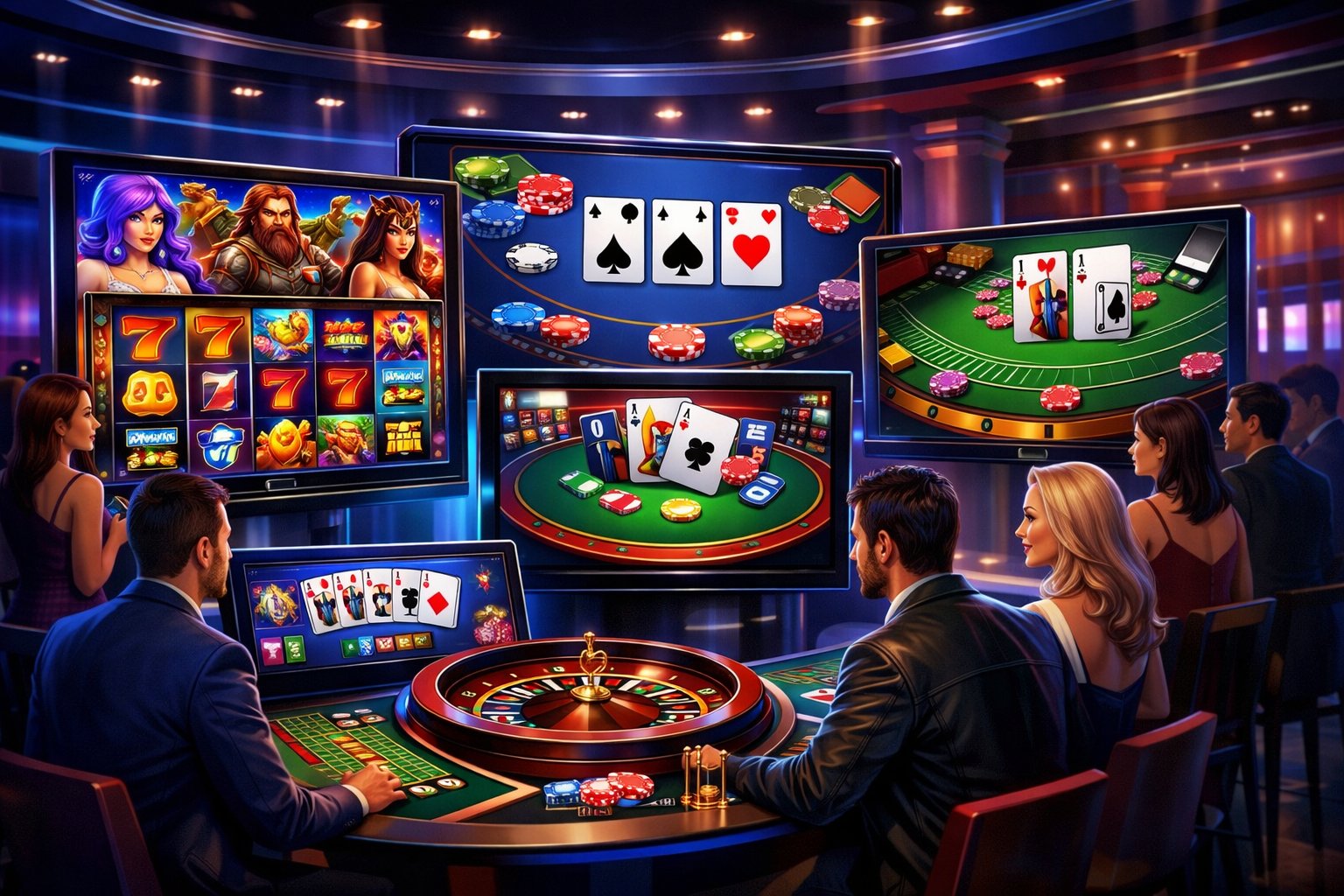 A Digital Interface Showing Various Casino Games Including Slot Machines, Card Games, And Roulette Tables In A Modern Gaming Lounge With Players Enjoying The Games.