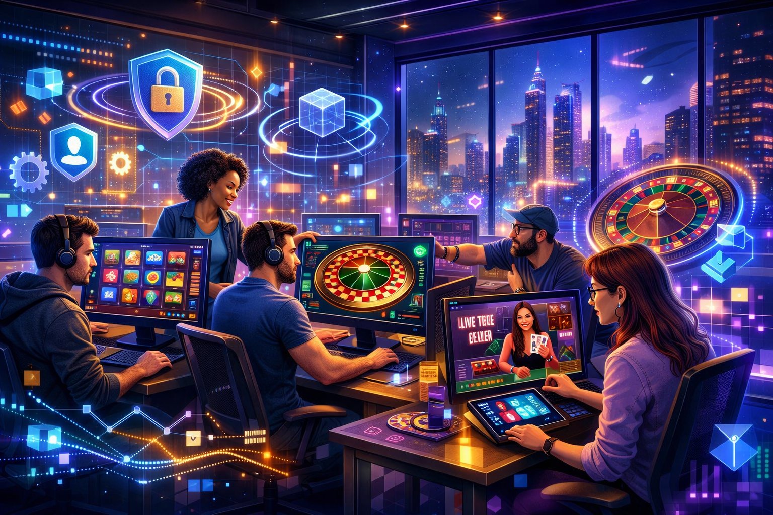 A Group Of Game Developers Collaborating In A Modern Office With Computer Screens Showing Casino Game Graphics And Futuristic Digital Elements.