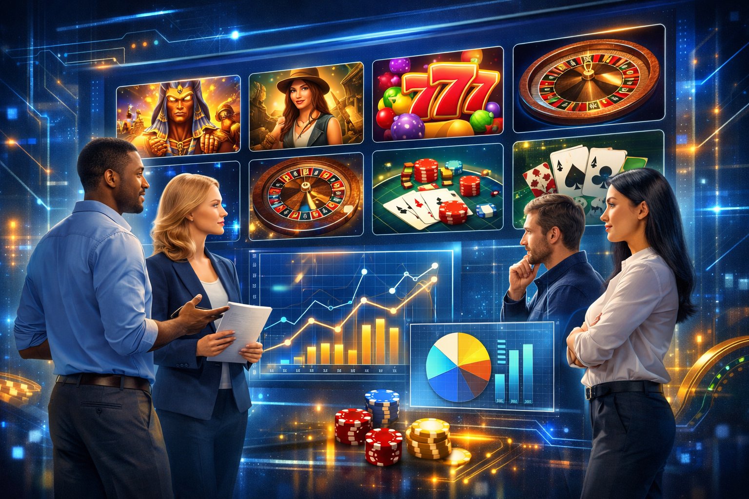 A Digital Interface Displaying Various Casino Game Icons With Professionals Analyzing Game Data On Transparent Screens.