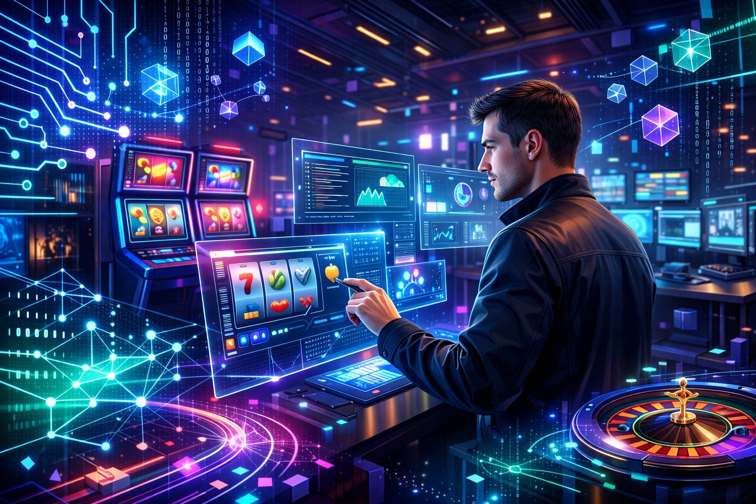A Person Interacting With Holographic Screens In A Futuristic Casino Setting Surrounded By Digital Gaming Elements And Technology Symbols.