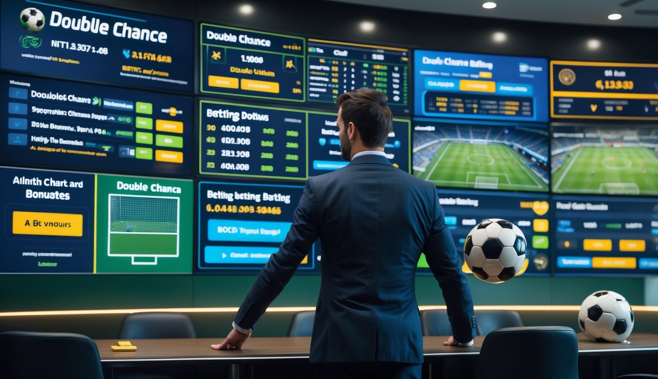 Seorang pria percaya diri sedang melihat beberapa layar digital yang menampilkan statistik pertandingan sepak bola dan peluang taruhan di sebuah ruangan modern.
