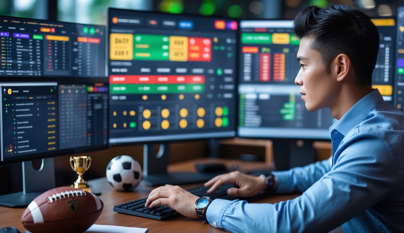Seseorang sedang bekerja dengan beberapa layar komputer yang menampilkan statistik dan peluang taruhan sepak bola secara langsung.