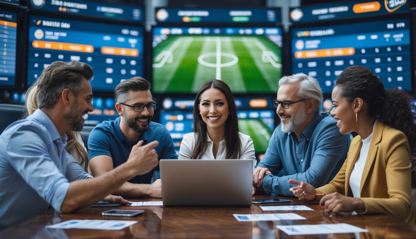 Sekelompok orang sedang melihat layar besar yang menampilkan pertandingan sepak bola dan peluang taruhan di sebuah ruangan modern.