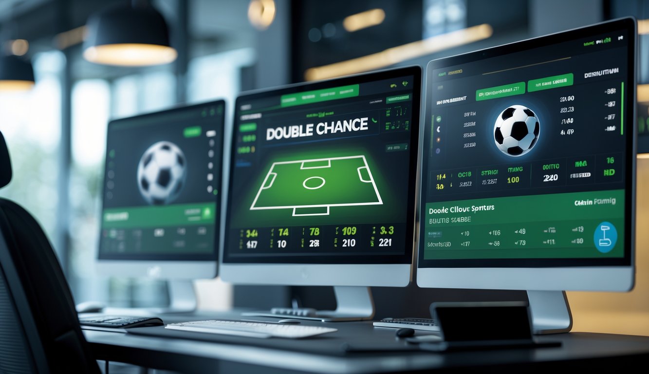 Suasana ruang kerja modern dengan layar komputer menampilkan statistik pertandingan sepak bola dan opsi taruhan, menunjukkan platform taruhan bola resmi dan terpercaya.