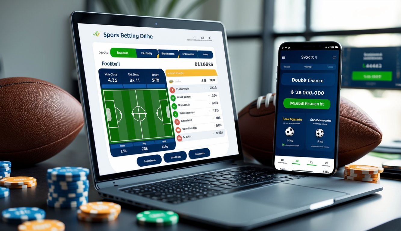 Meja kerja dengan laptop dan ponsel yang menampilkan situs taruhan bola, bola sepak, dan chip taruhan di sekitar.