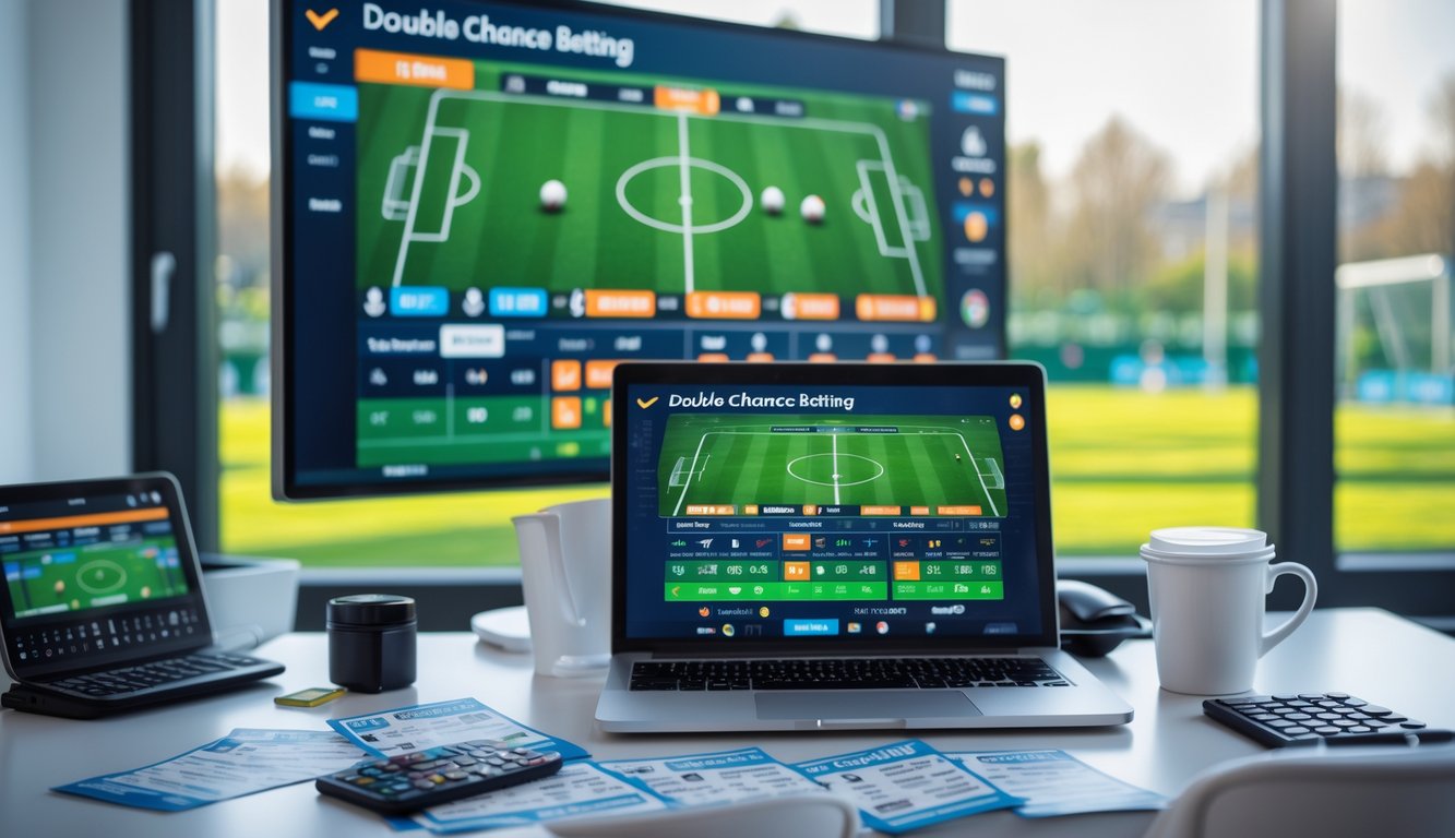 Orang sedang menggunakan laptop dan ponsel untuk memasang taruhan bola dengan layar besar menampilkan pertandingan sepak bola di latar belakang.