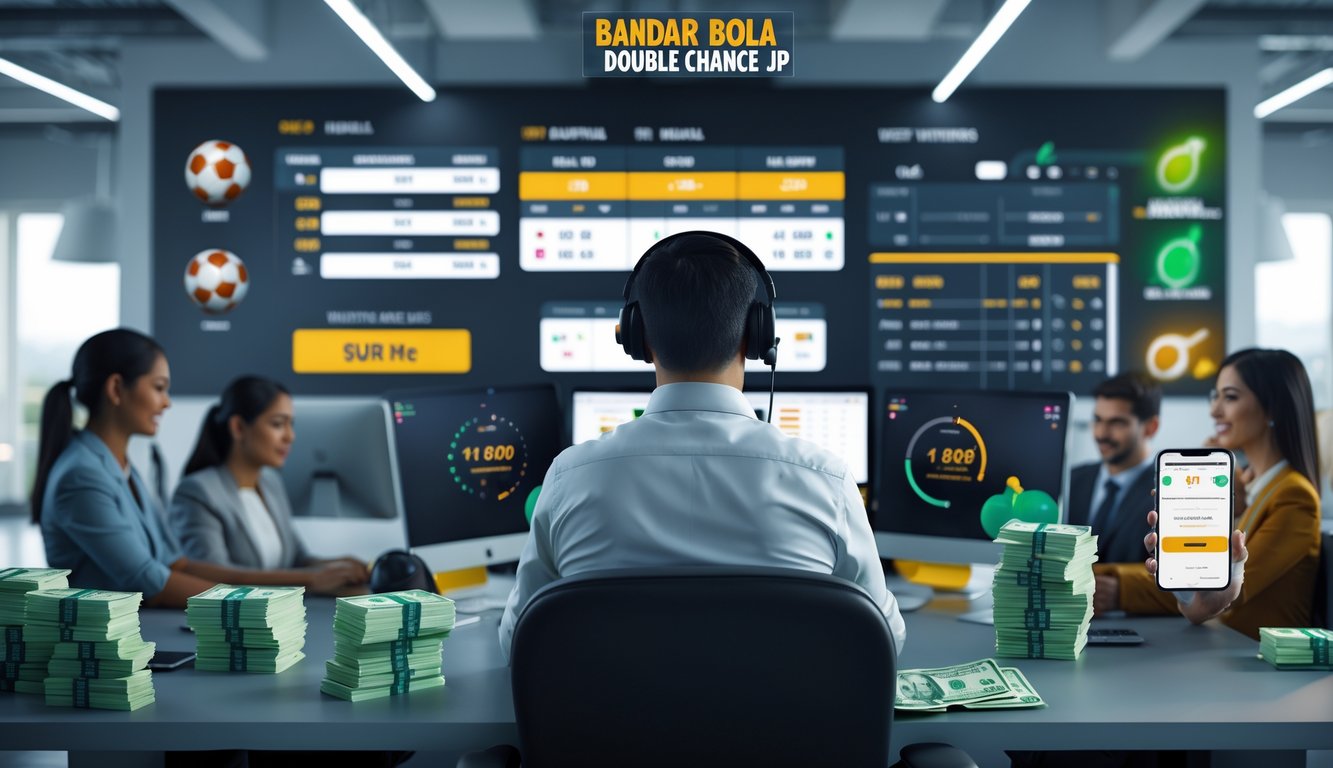 Seorang bandar bola profesional bekerja dengan beberapa layar komputer yang menampilkan pertandingan sepak bola langsung dan peluang taruhan, di dalam kantor modern yang terang dan rapi.