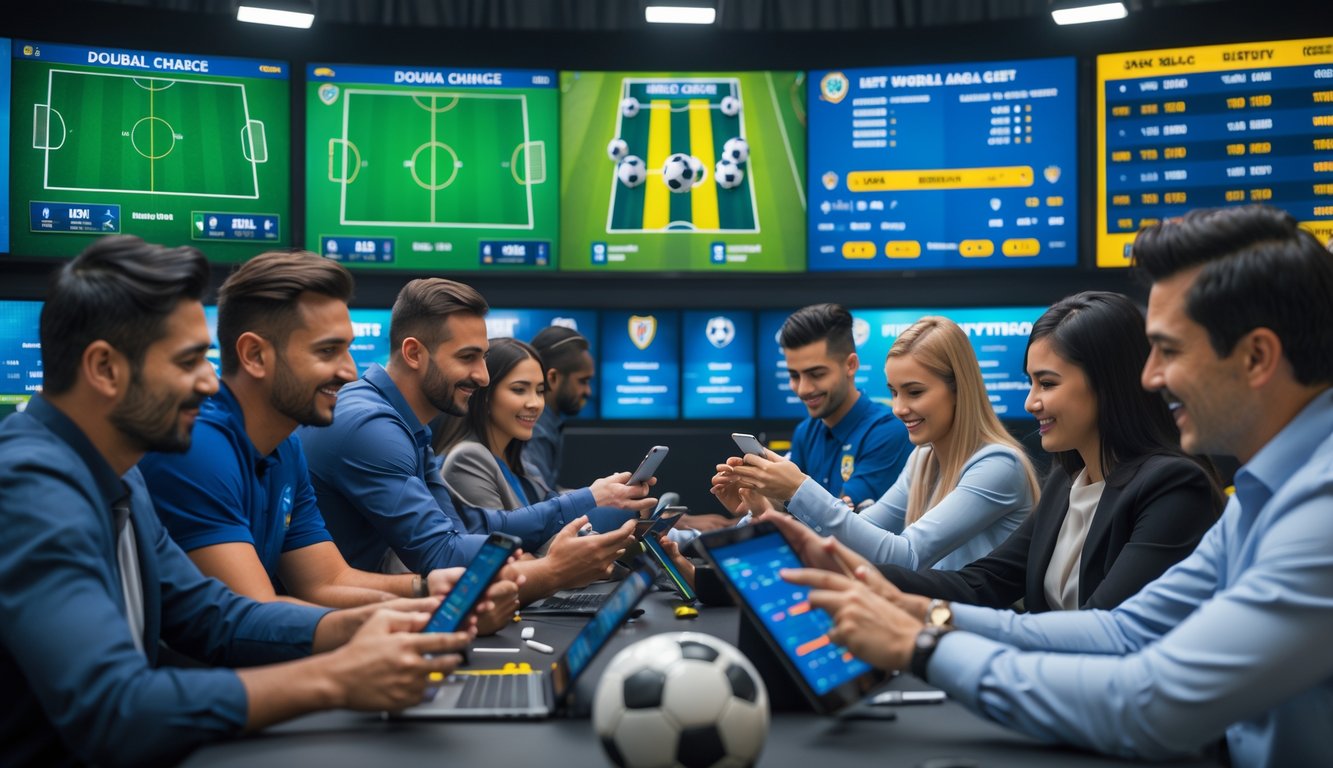 Orang-orang sedang memasang taruhan sepak bola internasional di sebuah ruang taruhan modern dengan layar besar yang menampilkan pertandingan sepak bola dan data taruhan.