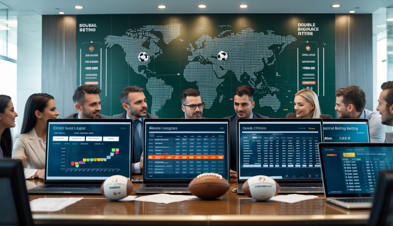 Beberapa orang sedang menganalisis statistik pertandingan sepak bola di layar digital dalam ruangan modern dengan peta dunia di latar belakang.