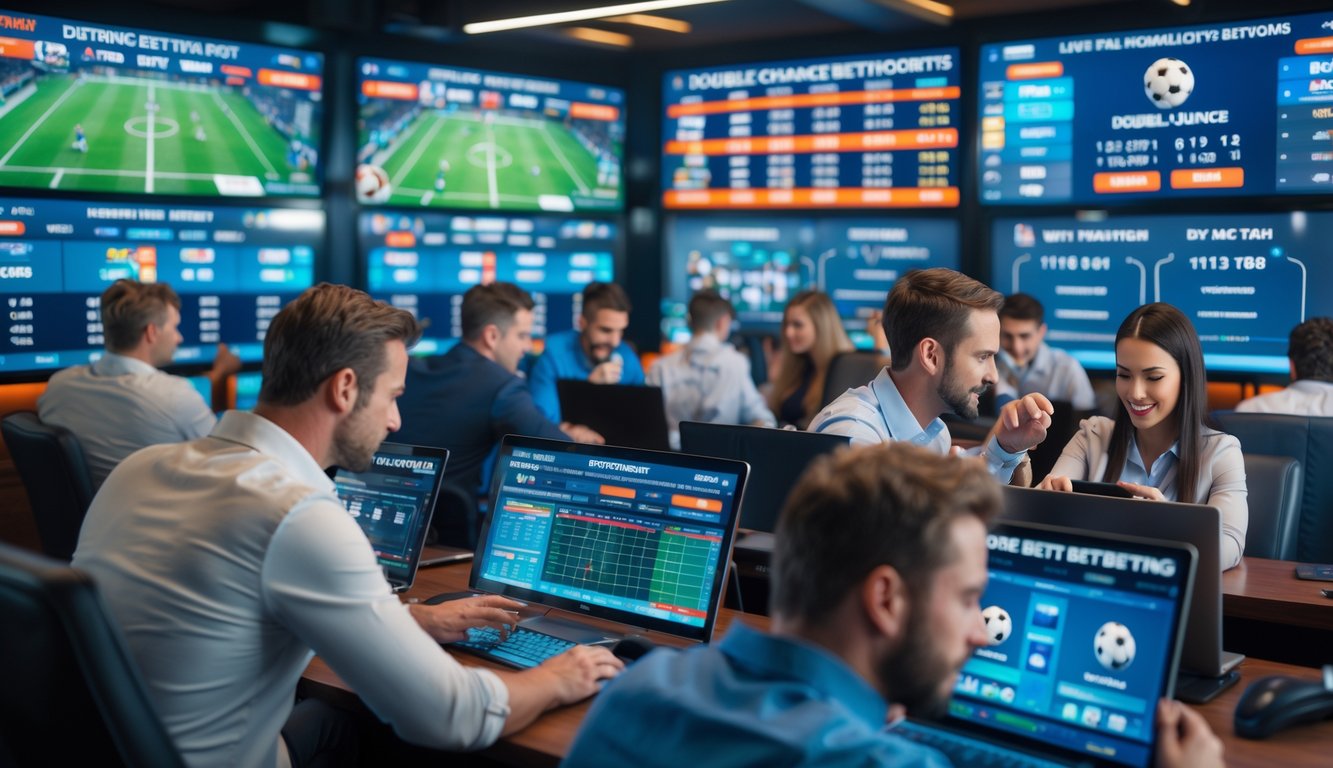 Orang-orang sedang memasang taruhan langsung pada pertandingan sepak bola dengan layar besar dan perangkat elektronik di sebuah kantor taruhan modern.