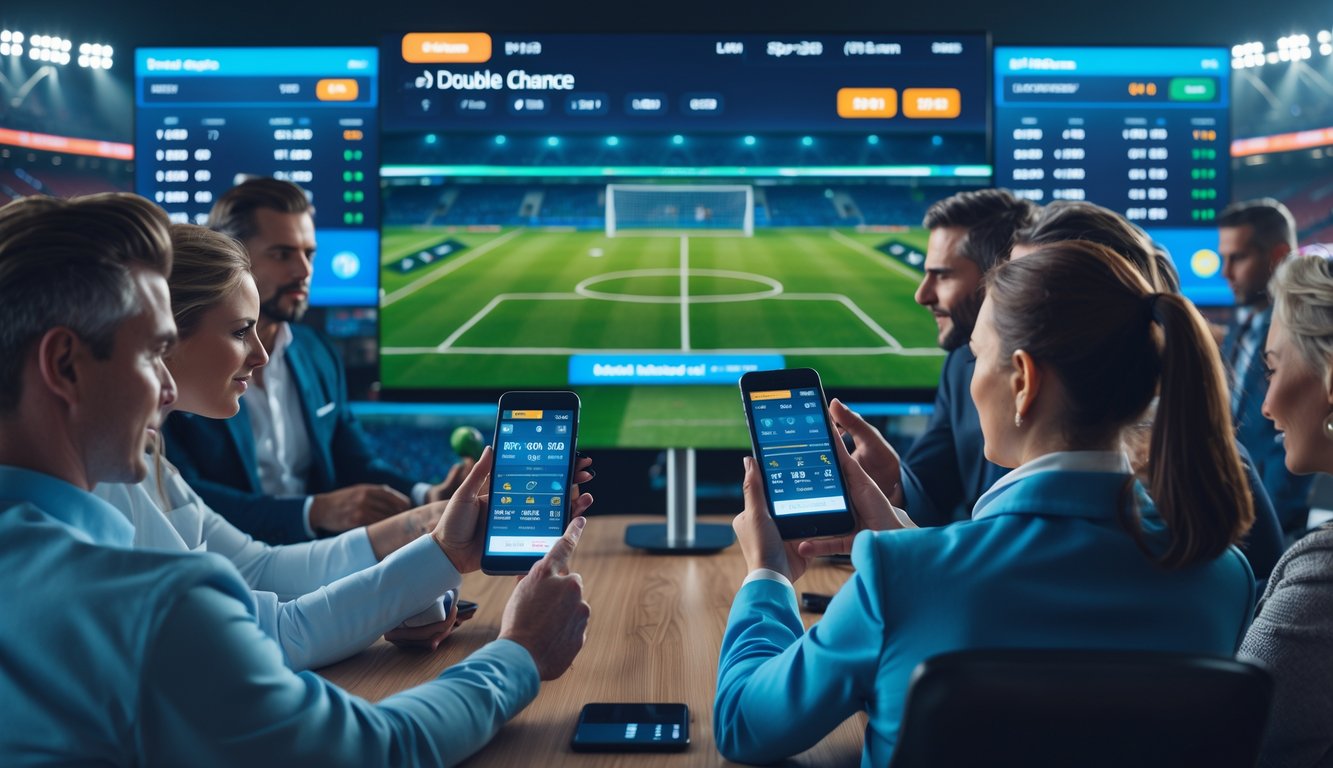 Orang-orang menggunakan perangkat digital untuk memasang taruhan bola secara langsung dengan latar belakang stadion sepak bola.