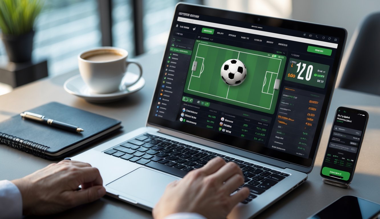Seorang pengguna berinteraksi dengan laptop dan ponsel yang menampilkan informasi taruhan sepak bola di sebuah meja kerja yang rapi.