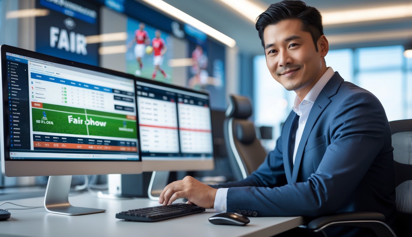 Seorang pria Asia berpakaian rapi duduk di meja modern dengan beberapa layar komputer menampilkan data taruhan olahraga, di kantor yang terang dan rapi.