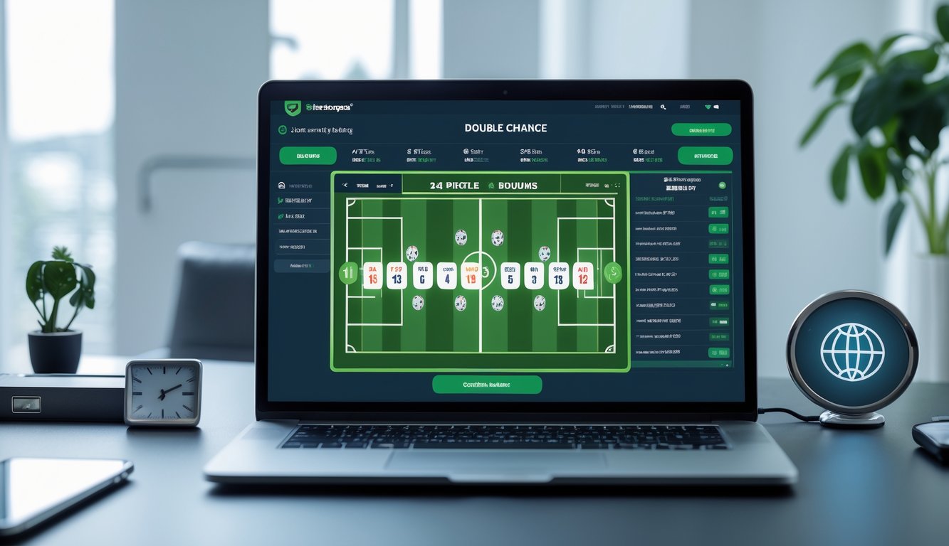 Seorang pria menggunakan komputer di meja kerja dengan tampilan antarmuka taruhan bola online, menunjukkan suasana profesional dan teknologi yang stabil.