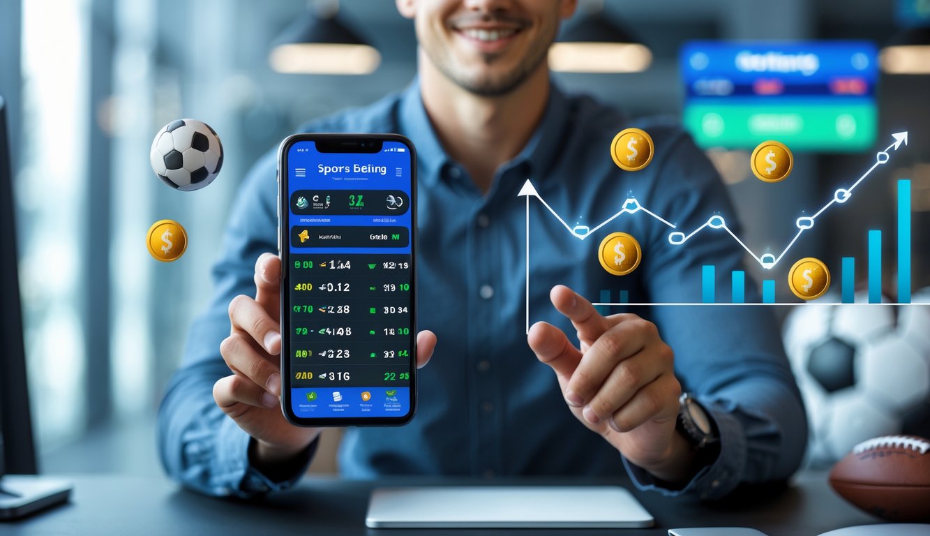 Seorang pria muda memegang ponsel dengan aplikasi taruhan olahraga, dikelilingi ikon peluang menang dan grafik naik, dengan latar belakang kantor modern dan elemen sepak bola.