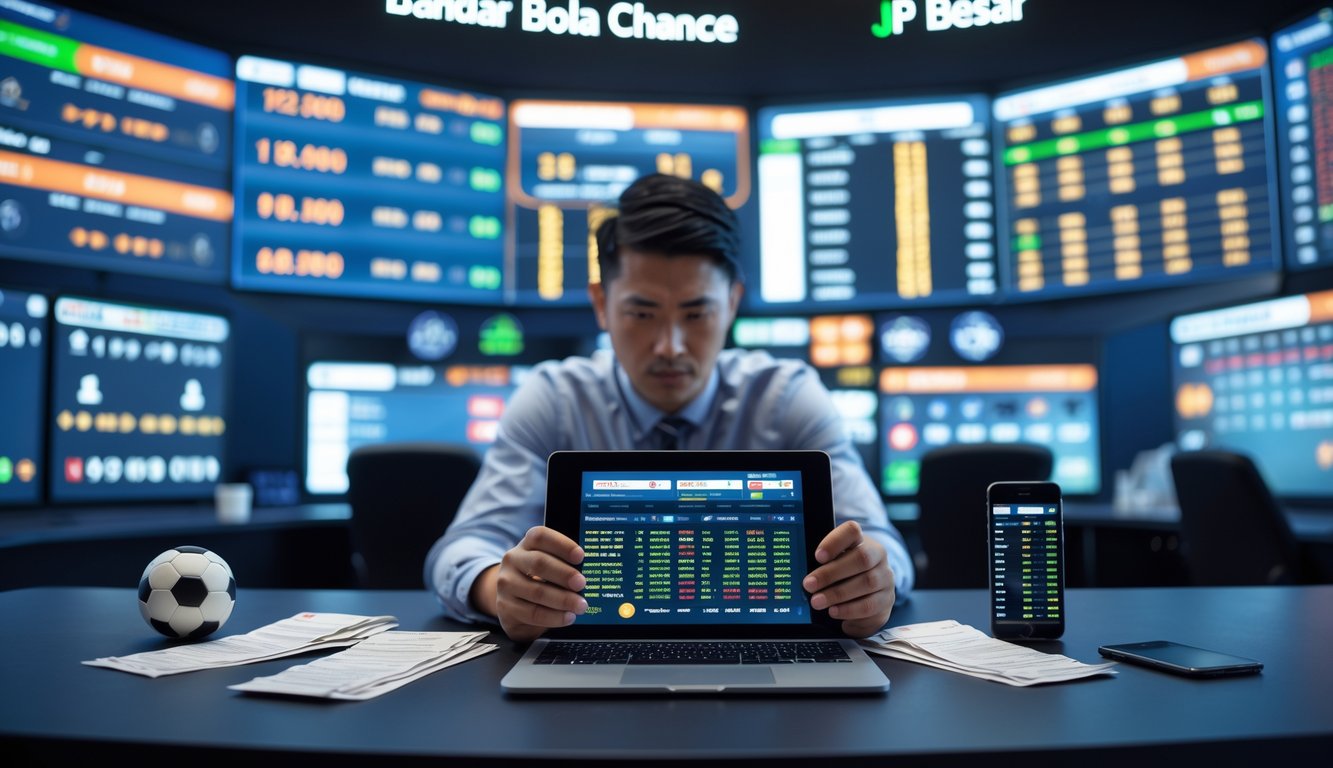 Seorang petaruh fokus melihat layar digital dengan data taruhan sepak bola di sebuah ruangan modern yang terang.