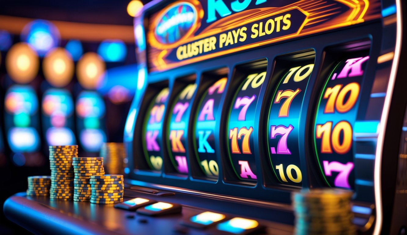 Mesin slot modern dengan simbol yang terkumpul menunjukkan kemenangan, dikelilingi koin dan tumpukan chip kasino.