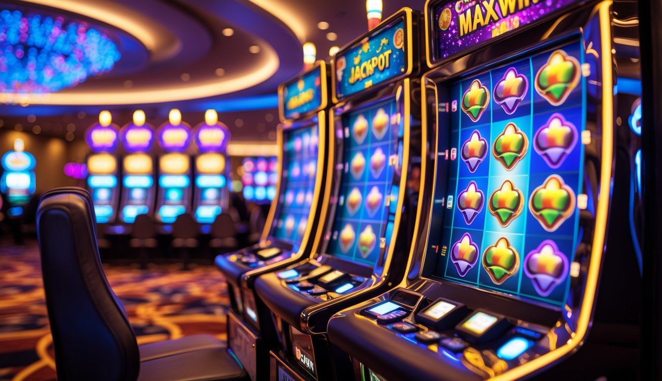 Mesin slot cluster pays yang berwarna-warni di kasino dengan suasana ceria dan lampu yang menyorot kemenangan besar.