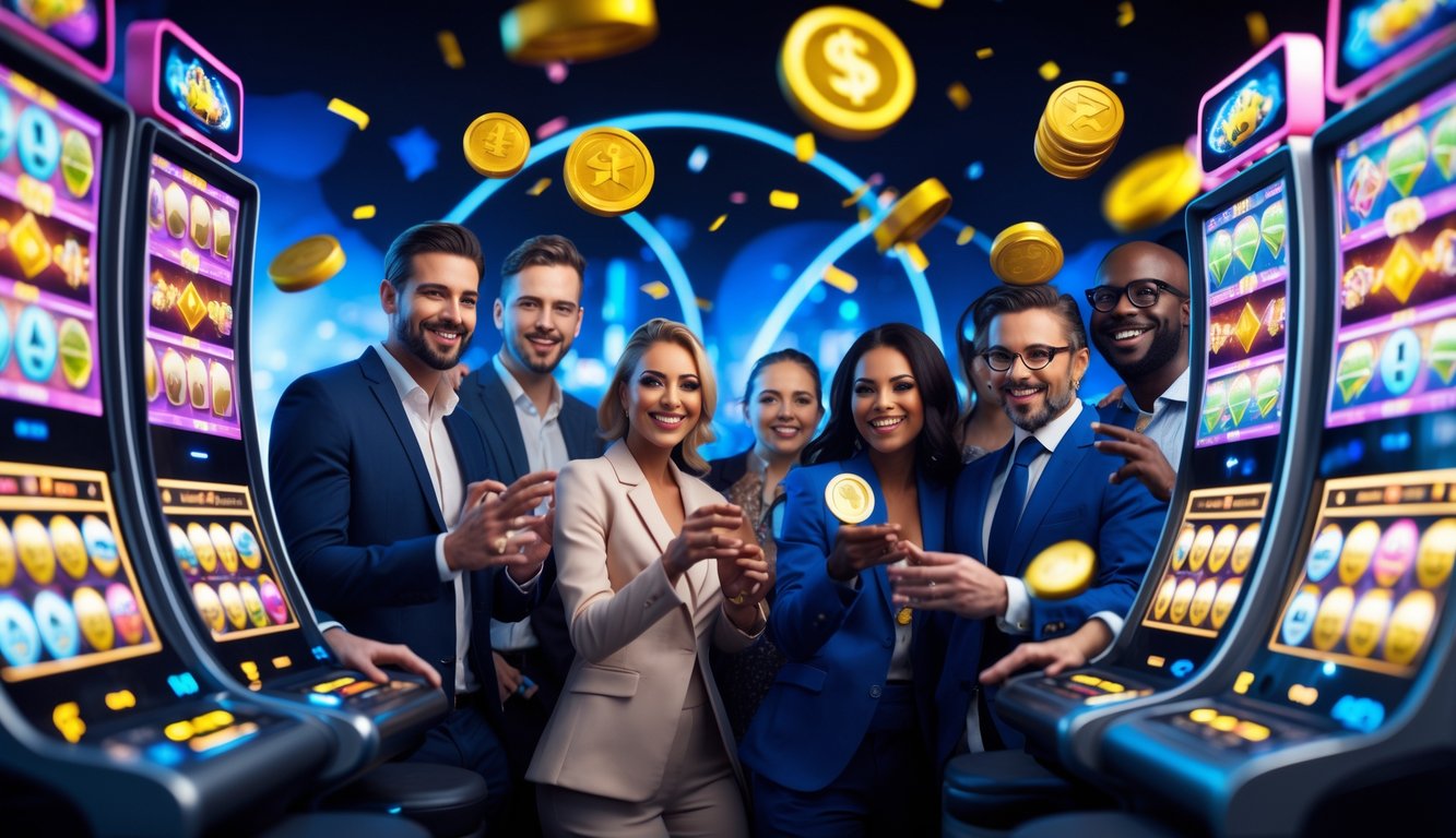 Orang-orang sedang bermain mesin slot online dengan suasana yang ceria dan penuh semangat di ruang modern.