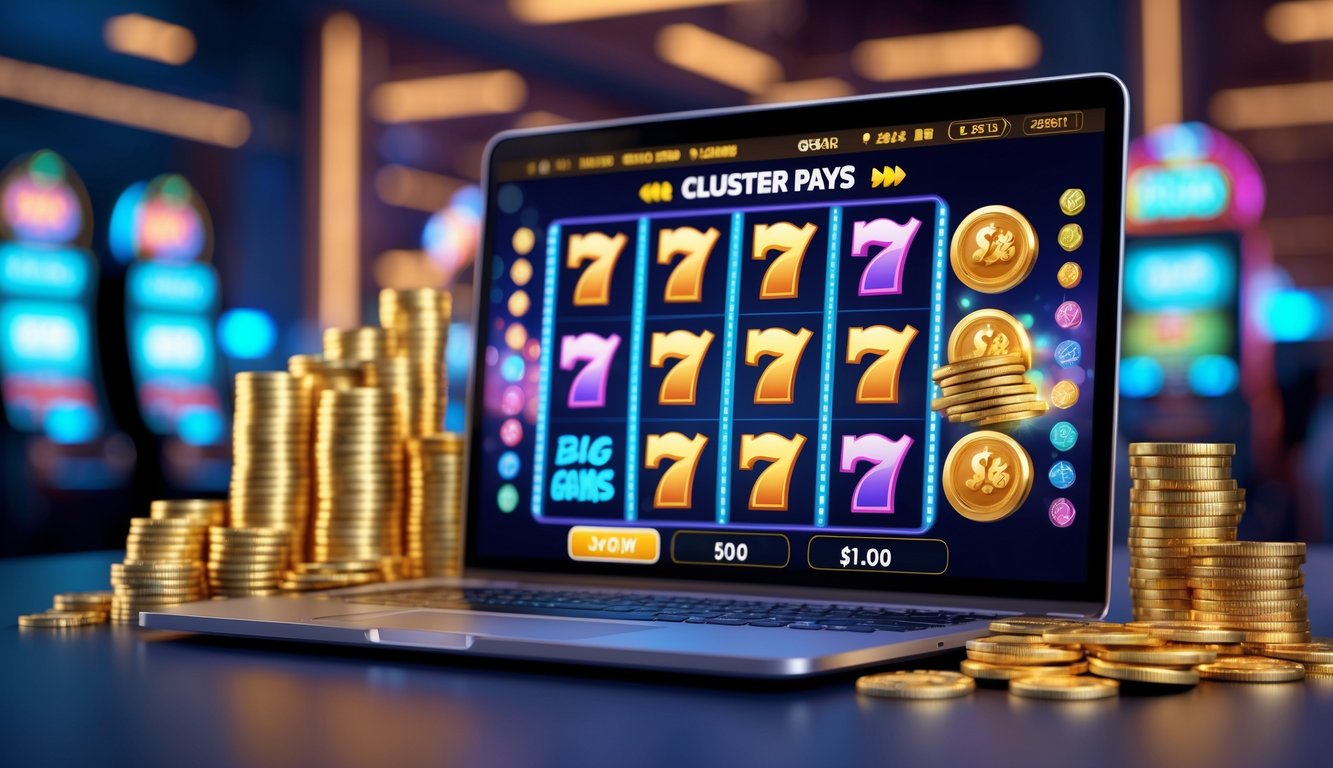 Seorang pemain menggunakan komputer dengan layar menampilkan permainan slot cluster pays, dikelilingi oleh tumpukan koin emas dan ikon bonus yang bersinar.