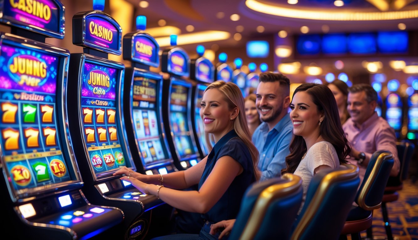 Orang-orang bermain mesin slot di kasino dengan suasana cerah dan penuh semangat.