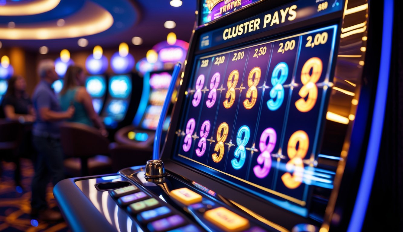 Suasana kasino dengan mesin slot modern yang menampilkan simbol-simbol berwarna membentuk kelompok kemenangan, dengan pemain di latar belakang.