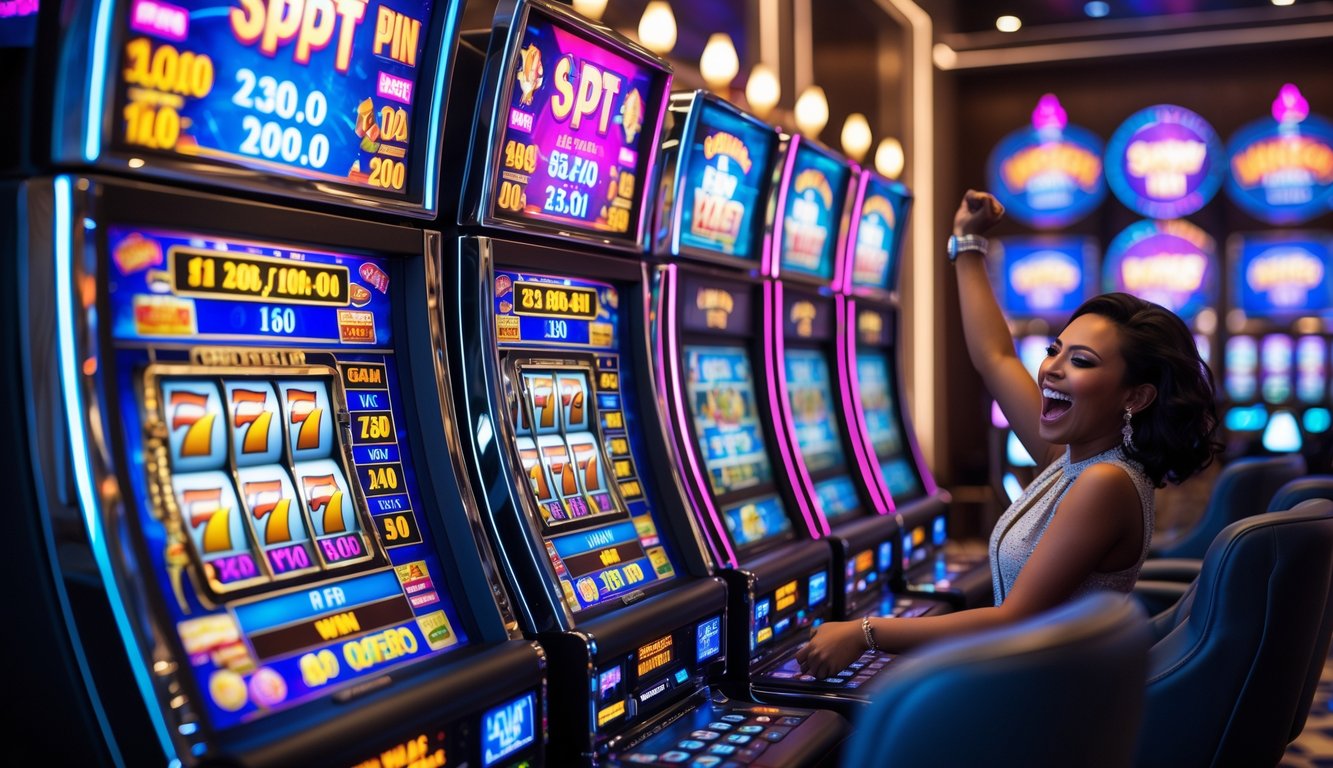 Area mesin slot kasino dengan mesin berwarna-warni dan seorang pemain yang sedang merayakan kemenangan besar.