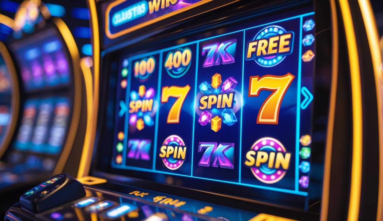 Mesin slot digital dengan simbol cluster pays berwarna cerah dan ikon fitur free spin serta multiplier di layar.