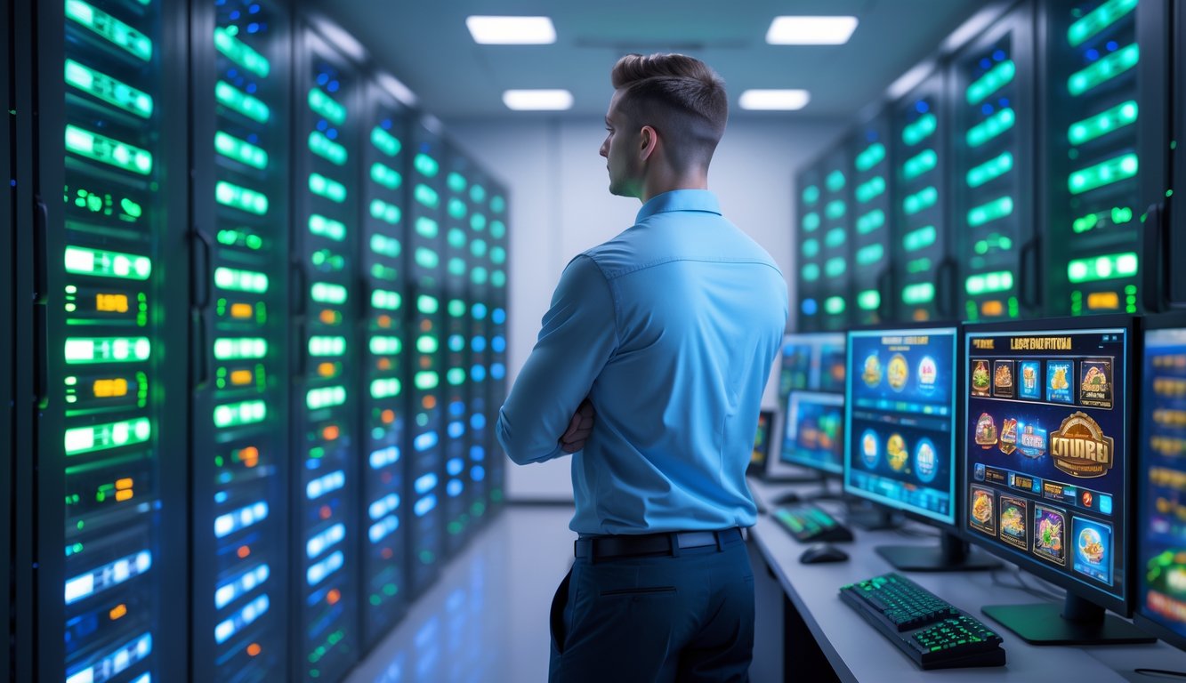 Seorang teknisi IT memantau layar komputer di ruang server modern dengan rak server yang menyala, menunjukkan operasi stabil dan terus menerus.