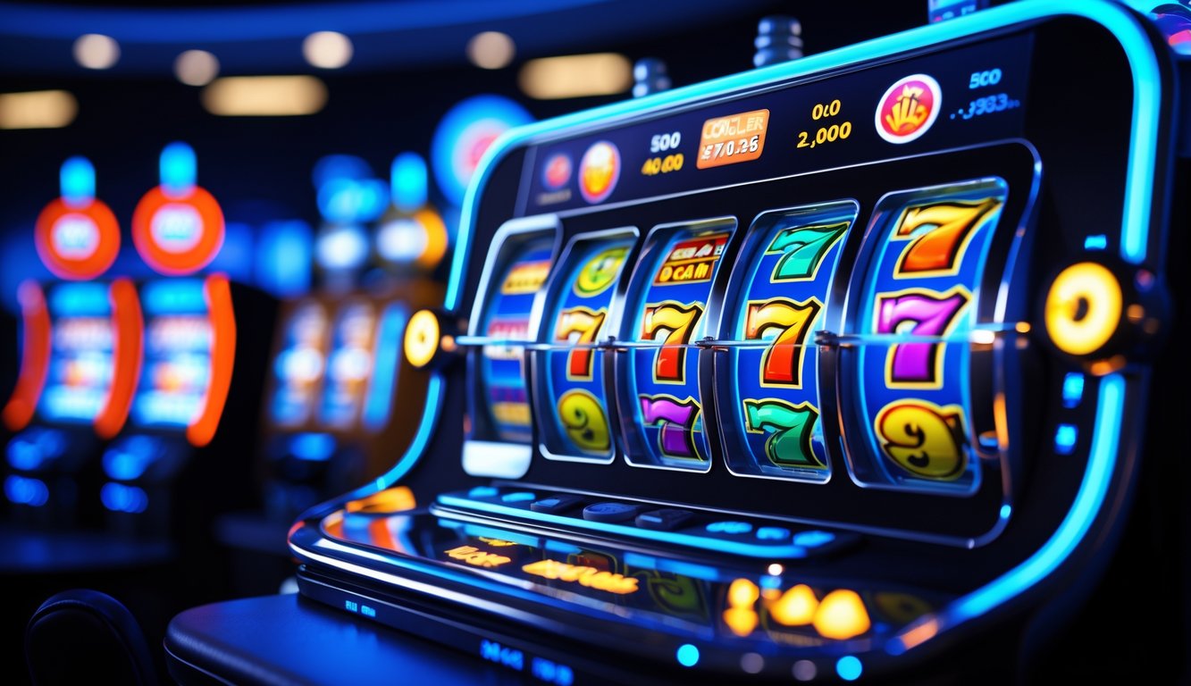 Tampilan antarmuka permainan slot online dengan gulungan berwarna cerah dan indikator jackpot di latar belakang.