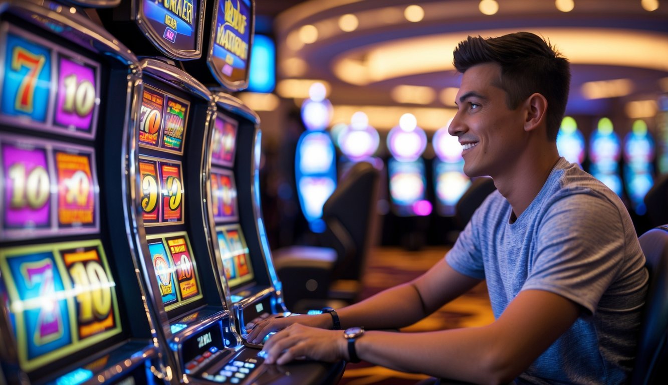 Seorang pemula sedang bermain mesin slot cluster pays di kasino dengan ekspresi fokus dan antusias.